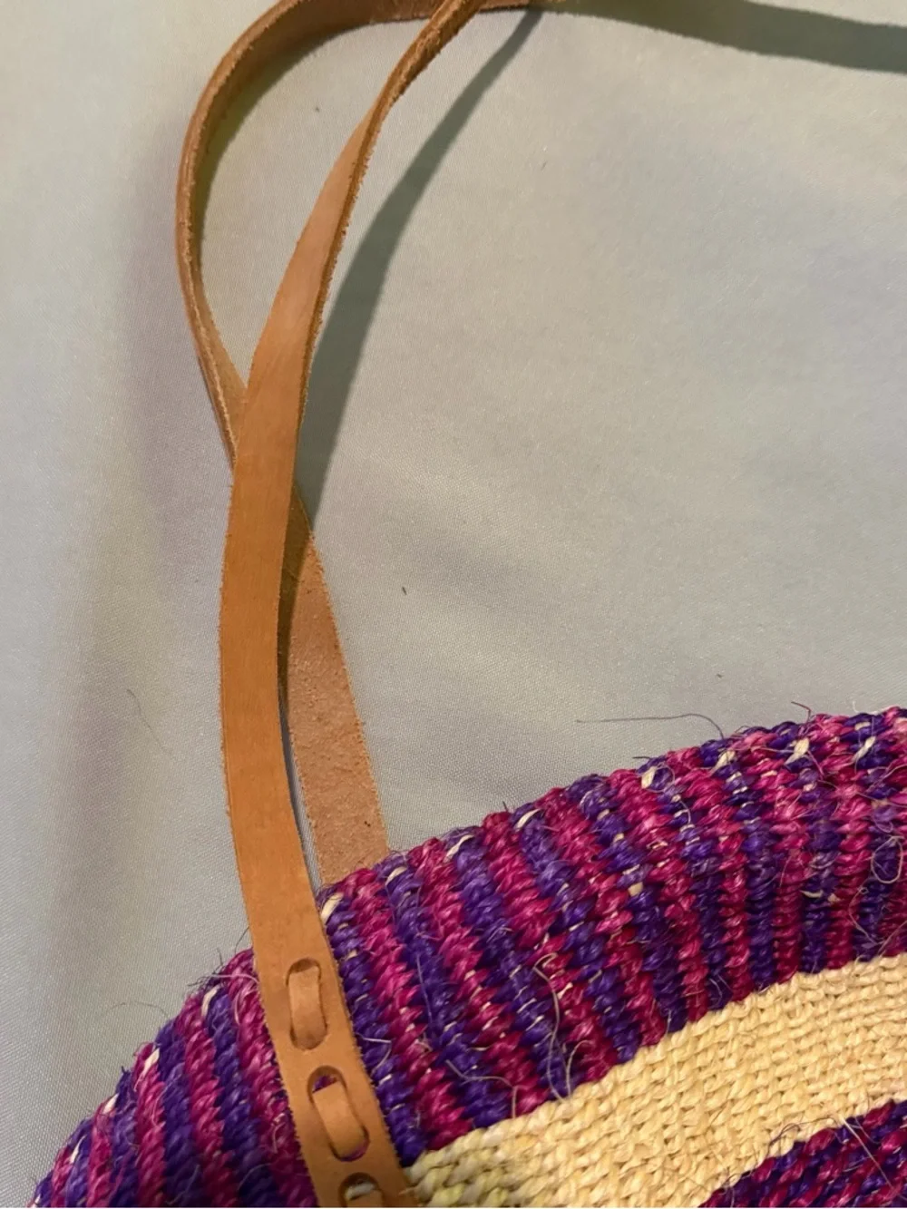 Woven Straw Tote Bag in Purple & Cream with Leather Straps Made in Kenya - Picture 4 of 9